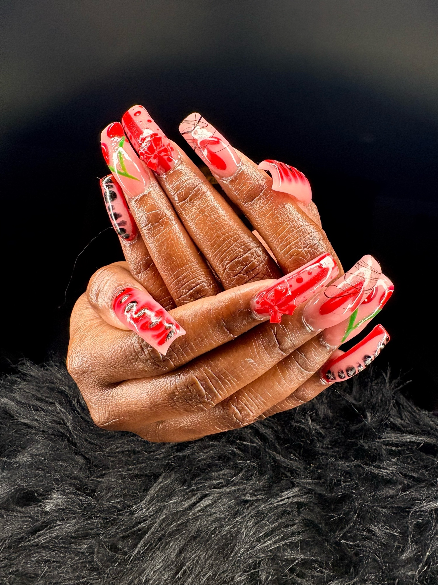 Red rose cherry nails on black