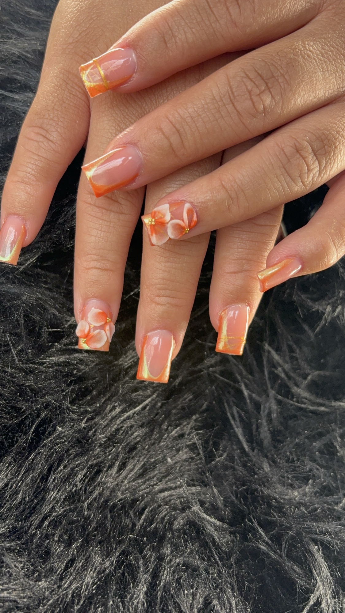 Orange floral French nails